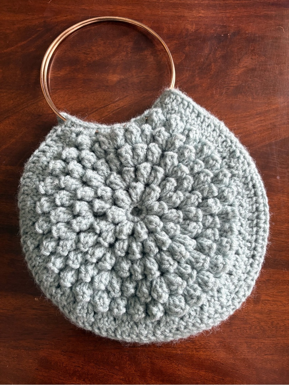 Vintage unlined Handcrafted Gray-blue Crochet Circle Bag with Gold Ring Handles